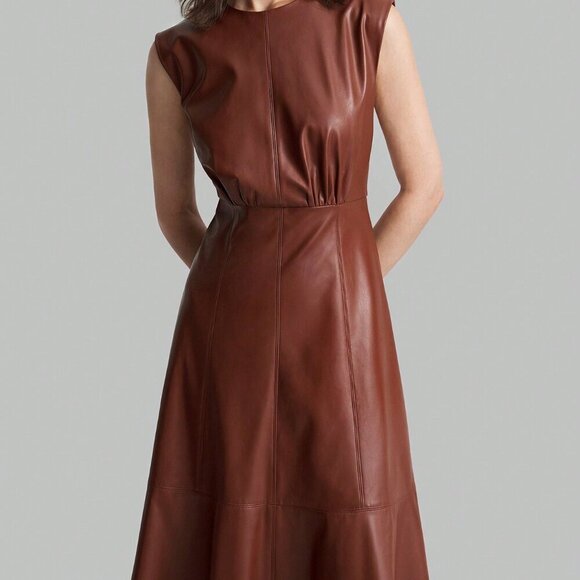 Brown Elegant Women's Round Neck Sleeveless Wide Shoulder PU Dress - Picture 2 of 9